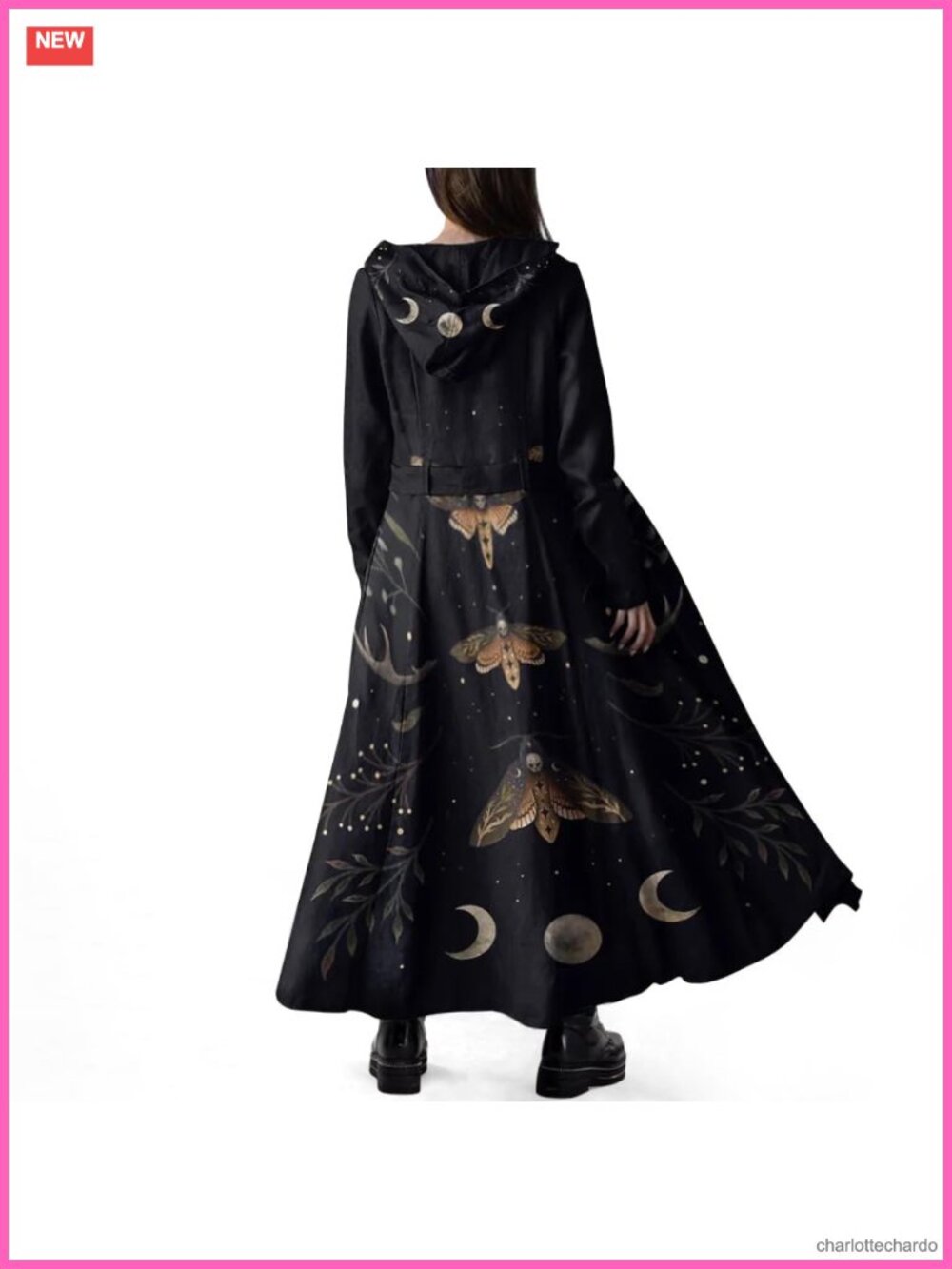 Gothic Wool Trench Coat with Hood Maxi Length Fleece Peacoat